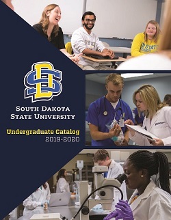 2019-2020 Undergraduate Catalog cover. SDSU logo. Image of students in a group discussion in class. Image of nursing student and pharmacy student examining medicine. Image of students looking through microscopes in a lab.