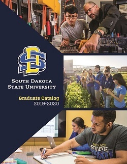 image of the 2019-2020 Graduate Catalog cover.  SDSU logo. Image of student and professor working on electrical engineering project. Image of students in garden examining plants. Image of pharmacy students working on a laptop and writing on a whiteboard.