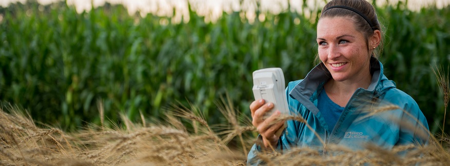 Student looking at a monitor while standing in a field.