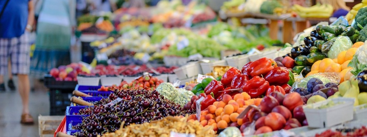 View of fruits and vegetables at a market.