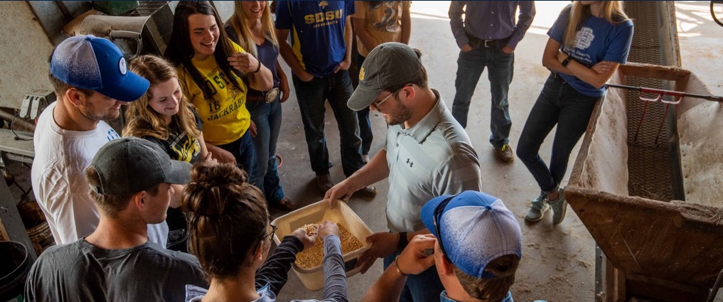 Students standing with an instructor talking about corn.