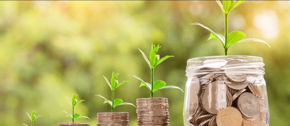 Stacked change and in a glass jar with a plant growing on top of each.