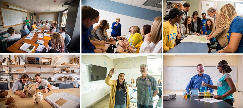 Collage of students in different classroom settings.