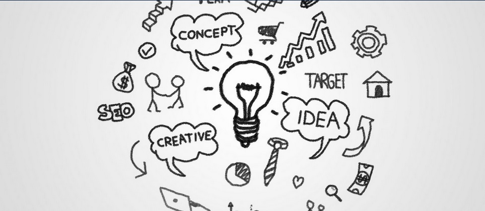 Graphic with a lightbulb, team, concept, creative, target, money, SEO, upward graph, gear, and idea symbols.