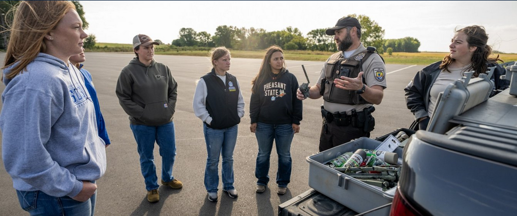 Students listening to a U.S. Fish and Wildlife Service officer.