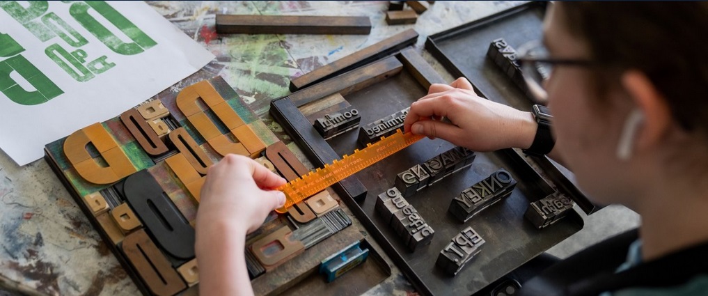 Student working in a print studio.