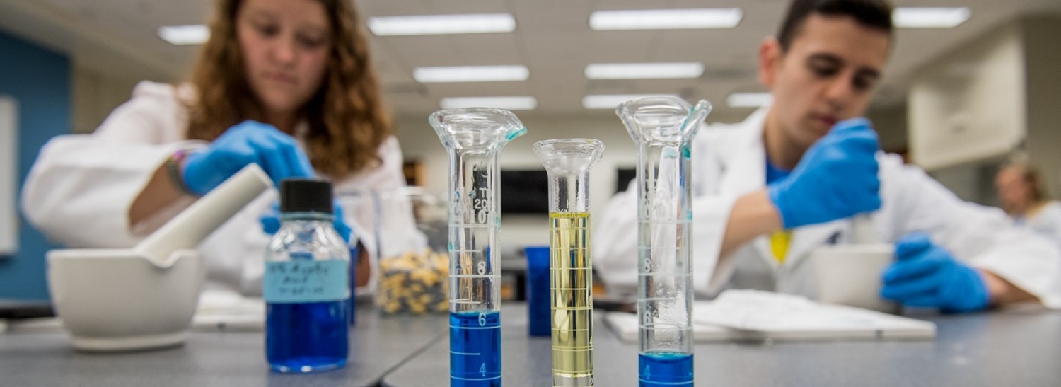 View of two pharmacy students in a lab.