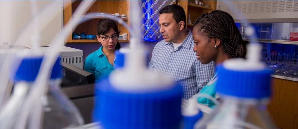 Students and faculty member stand in a lab.