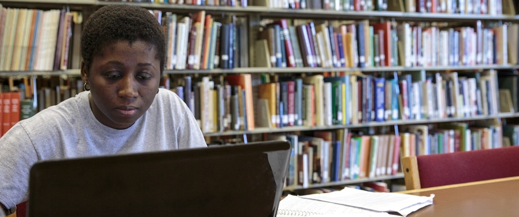 A student working at a computer, seated in front of bookshelves.